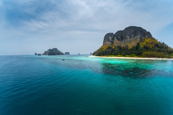 A view of both tup island and chicken island as taken from a drone out in the sea