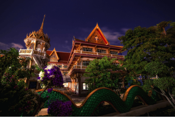 karon temple at nighttime - the home to the karon market