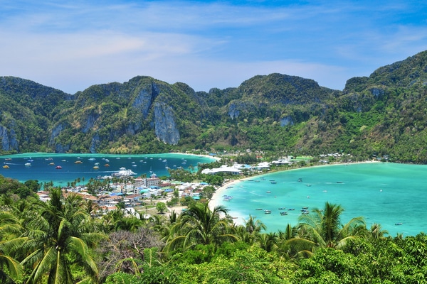 the view from the phi phi viewpoint looking out at the clear waters of Koh Phi Phi