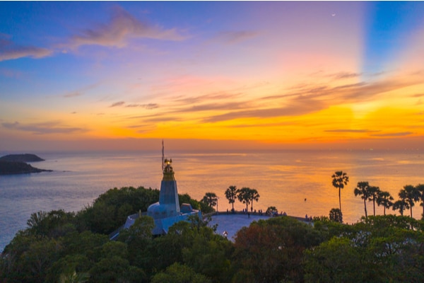 the promthep lighthouse at sunset seen from a higher vantage point